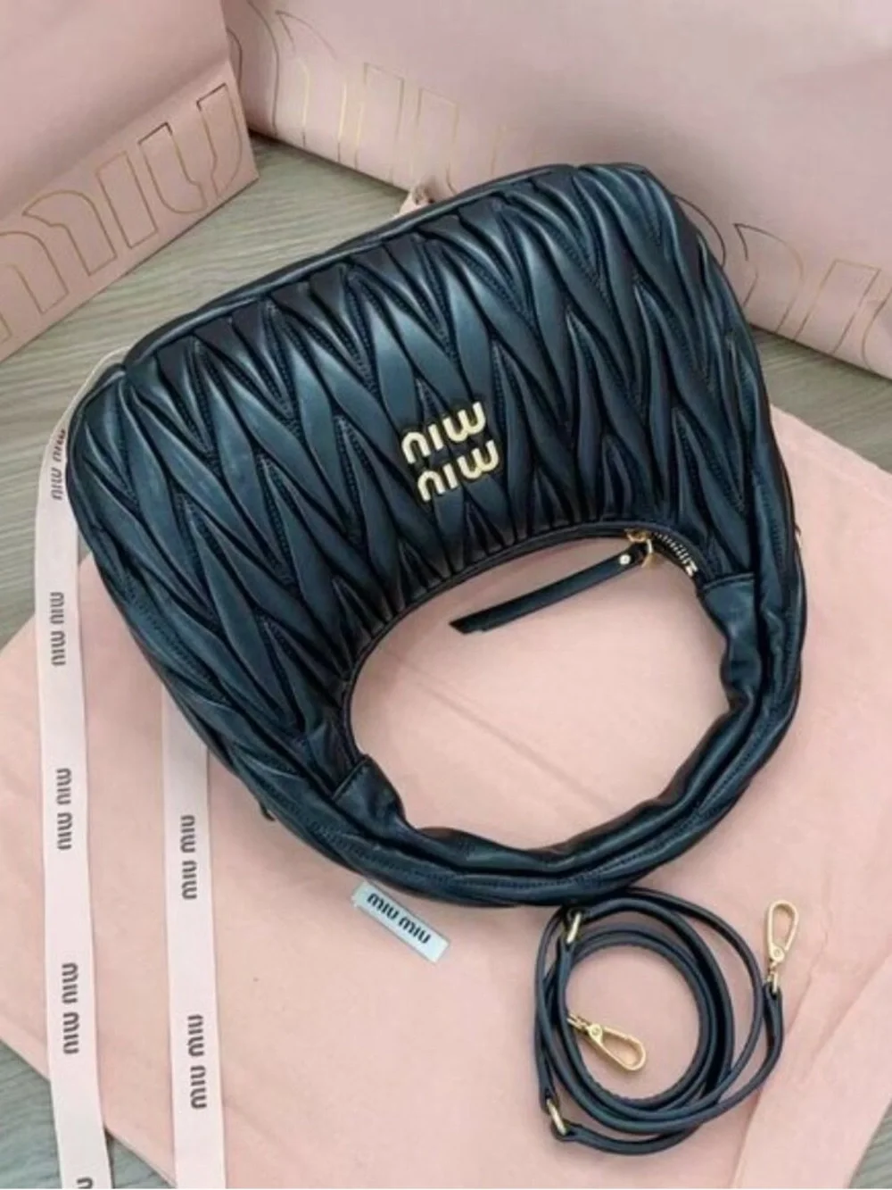 Miu Miu Black Quilted Leather Hobo with Gold Logo Hardware